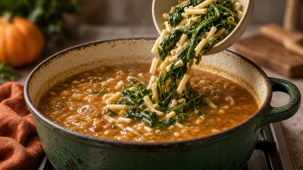 Cook pasta and greens