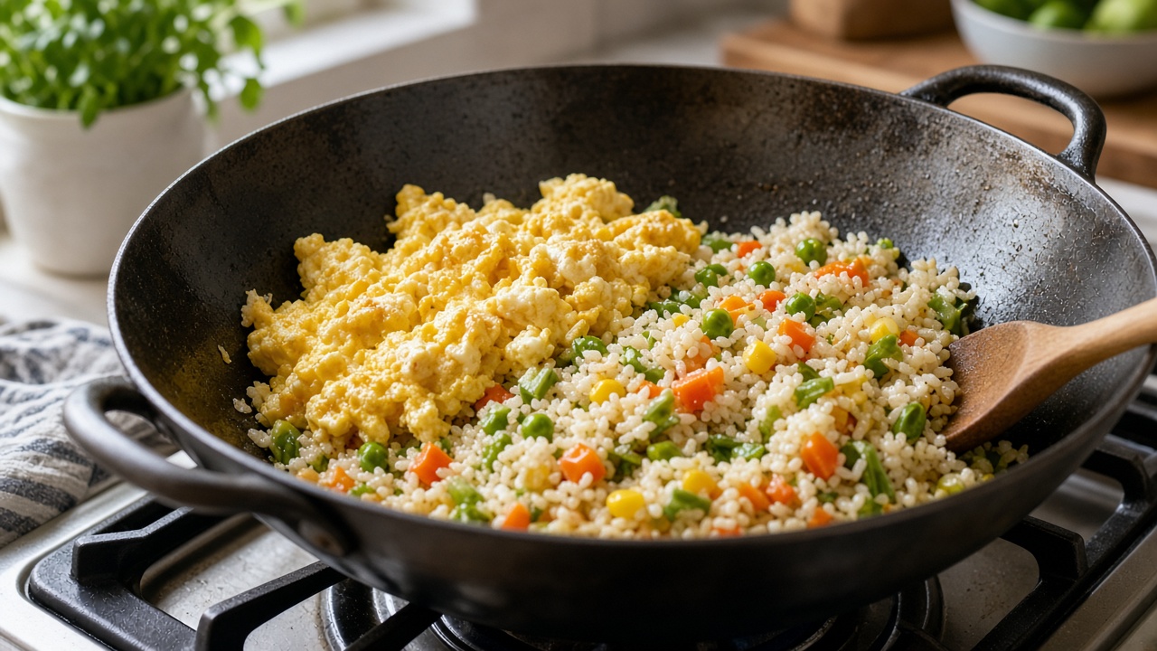 Scramble the eggs and add